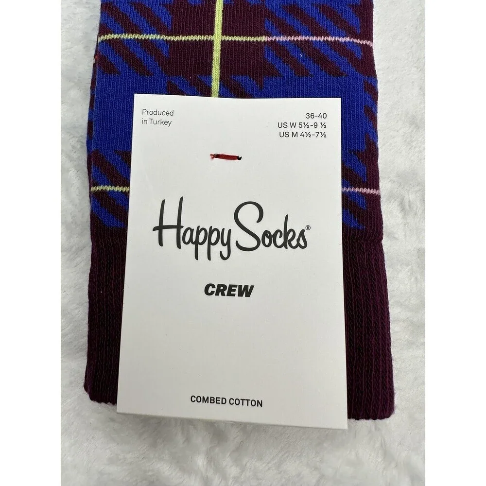 Happy Socks Crew Socks 36-40 Purple Blue Plaid Pattern Combed Cotton New
